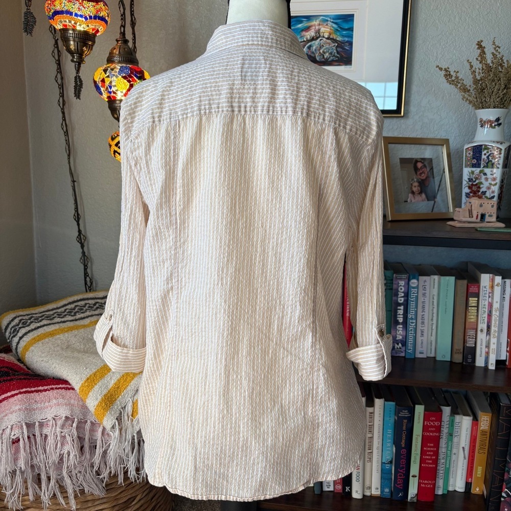Anne Klein White Gold Stripe Textured Button Front Popover Blouse - Medium - Picture 3 of 7